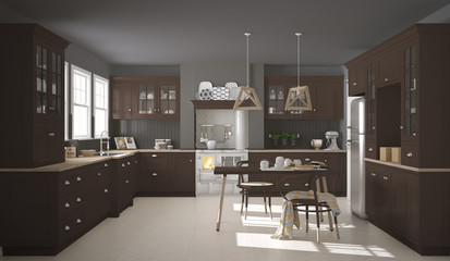 Scandinavian classic kitchen with wooden and brown details, mini