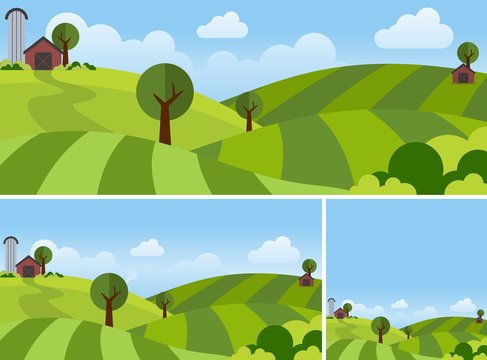 Green Farm Landscape Illustration Flat Design Concept