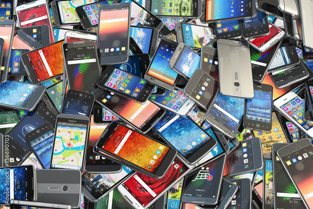 Poster Choose mobile phone. Heap of the different smartphones with diff
