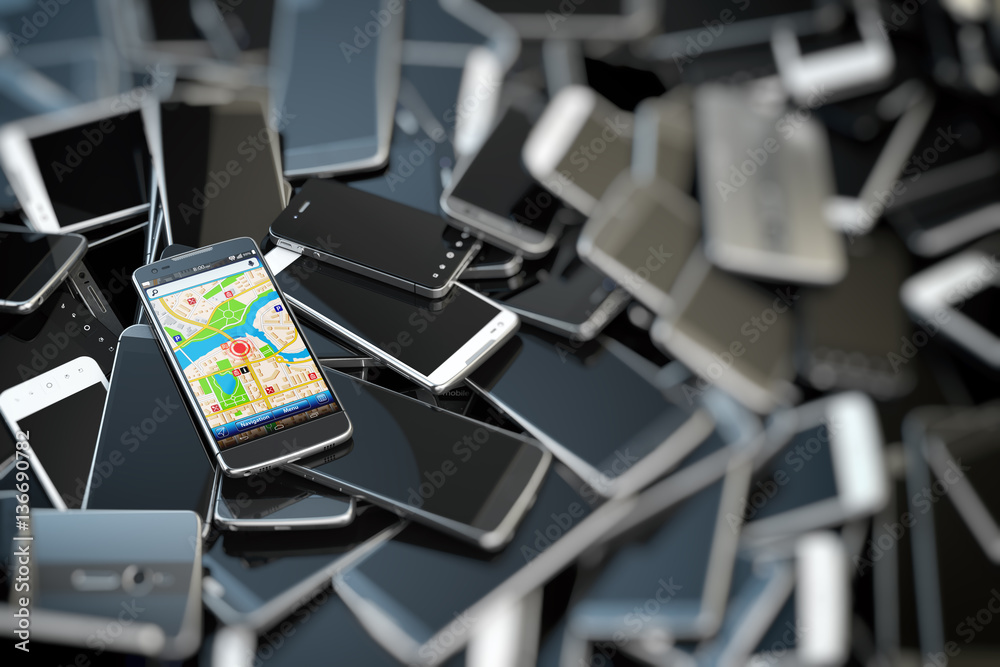 Poster choose mobile phone. heap of the different smartphones and one w
