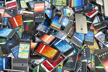 Choose mobile phone. Heap of the different smartphones with diff