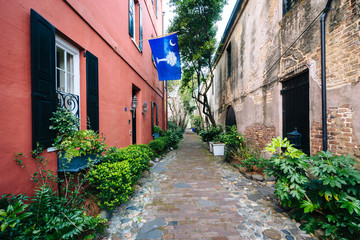 Fototapeta na wymiar Narrow cobblestone street and old buildings in Charleston, South
