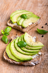 Sandwich with avocado slices and basil