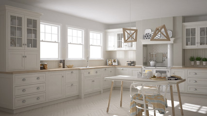 Scandinavian classic white kitchen with wooden details, minimali