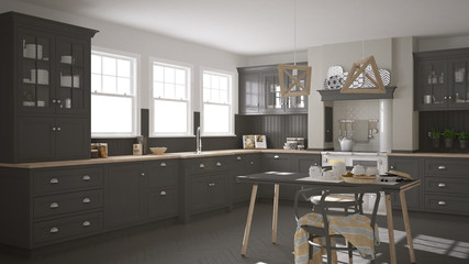 Scandinavian classic gray kitchen with wooden details, minimalis
