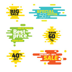 Set sale sticker dynamic wavy form with irregular parallel rounded lines. Isolated on white background. Advertising design shape. Flat style.