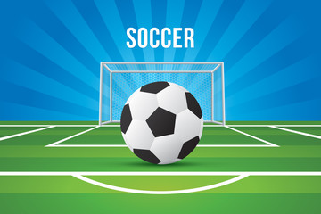 Vector of soccer league with football on the green field.