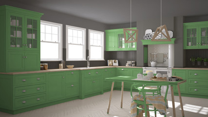 Scandinavian classic kitchen with wooden and green details, mini