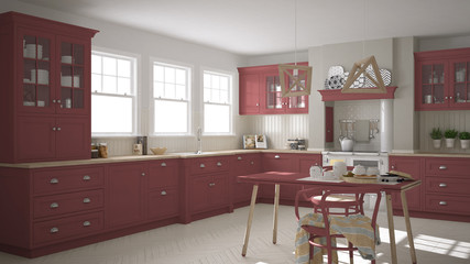 Scandinavian classic kitchen with wooden and red details, minima