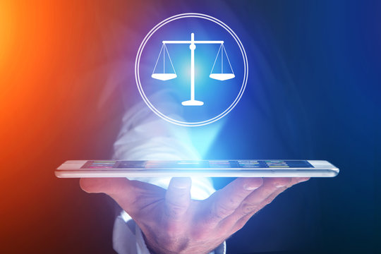 Businessman Hand Holding Mobile Phone With Justice Icon