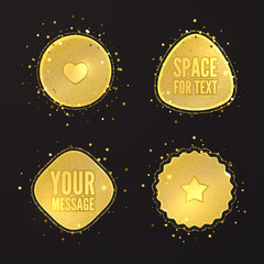 Set gold stickers rounded shapes with scattered round particles different scale.