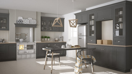 Scandinavian classic gray kitchen with wooden details, minimalis