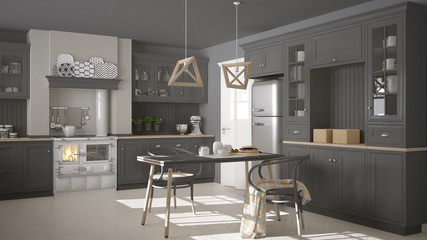 Scandinavian classic gray kitchen with wooden details, minimalis