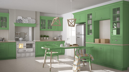 Scandinavian classic kitchen with wooden and green details, mini