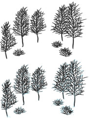 Hand drawn black winter trees, isolated illustration painted by butter and acrylic paint