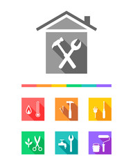 Building as construction and repair concept. Work tool icons set in flat design.