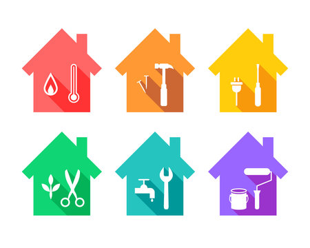 House with work tools as repair and maintenance concept. Working tool icons set in flat design.