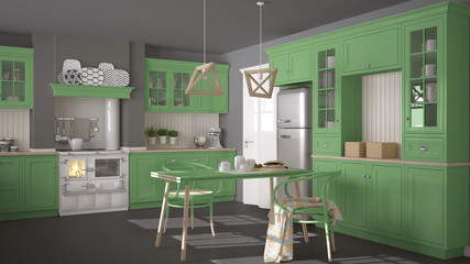 Scandinavian classic kitchen with wooden and green details, mini