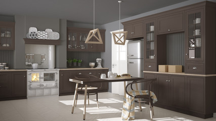 Scandinavian classic kitchen with wooden and brown details, mini