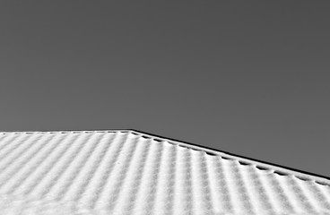 House roof in snow in black and white