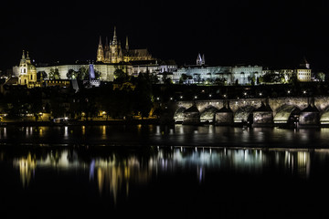 Prague castle and the Charles bridge at night