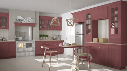 Scandinavian classic kitchen with wooden and red details, minima