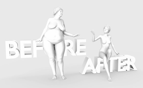 Fat lady and slim diet women. Unhealthy and healthy lifestyle people isolated on light grey background. Lettering Before and After. Mock up template for medicine illustration. White 3d plaster image.