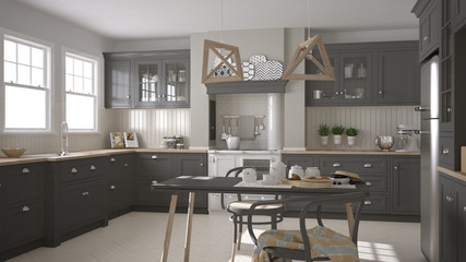 Scandinavian classic gray kitchen with wooden details, minimalis