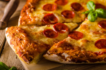 Homemade cheese pizza with salami