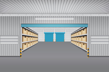 Warehouse or industrial building. Consist of cargo box on shelf and empty space. Use as distribution center for loading, storage, warehousing, shipping and freight forwarding. Vector illustration.