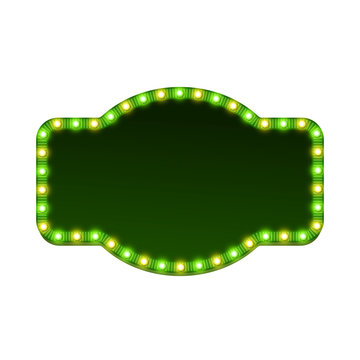 Blank 3d retro light sign with shining bulbs isolated on white background. Green street signboard with yellow and green marquee lights and dark backdrop. Advertising frame Colorful vector illustration