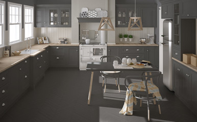 Scandinavian classic gray kitchen with wooden details, minimalis