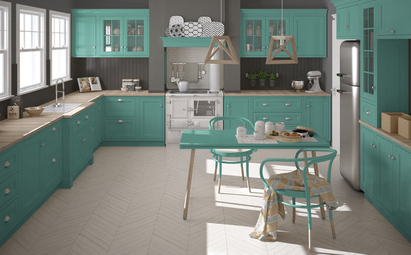 Scandinavian classic kitchen with wooden and turquoise details,