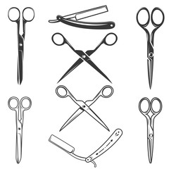 Set of the scissors and razors icons isolated on white backgroun - obrazy, fototapety, plakaty