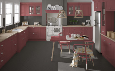 Scandinavian classic kitchen with wooden and red details, minima