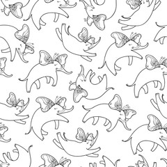 Fototapeta premium Vector seamless pattern with outline flying elephant with ornate butterfly wings on the white background. Cartoon cute elephants in contour style for coloring book and kids design.
