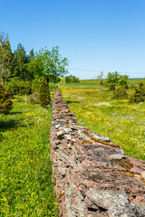 Long Limestone stone wall on a flowering summer meadow