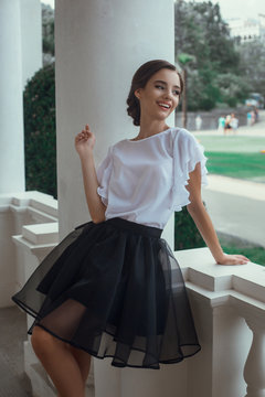 Beautiful woman posing long dress in Livadia