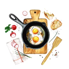 Foto op Canvas Eieren in een koekenpan. Aquarel Illustratie © nataliahubbert