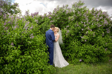 Bride and groom in garden with lilac trees. Happy wedding day