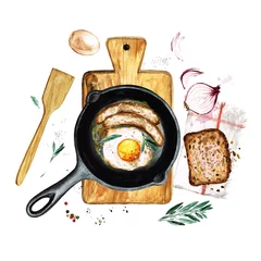 Raamstickers Eggs and sausages in a frying pan. Watercolor Illustration © nataliahubbert