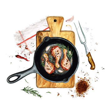 Chicken drumsticks in a frying pan. Watercolor Illustration