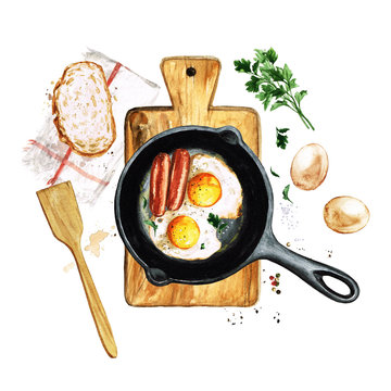 Eggs and sausages in a frying pan. Watercolor Illustration