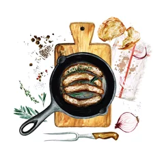 Foto op Canvas Sausages in a frying pan. Watercolor Illustration © nataliahubbert