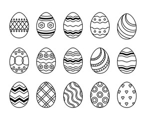 Vector Easter eggs icons set with ornament made from tine lines. Varios patterns on the eggs: wave, flower, diamond, circle, curl, swirl.