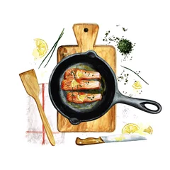 Foto op Canvas Fish in a frying pan. Watercolor Illustration © nataliahubbert