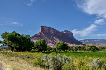 Fototapeta na wymiar The Palisade butte view from Dolores River Unaweep-Tabeguache scenic byway, Gateway, Mesa County, Colorado, USA