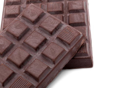 dark chocolate bars isolated on white background.