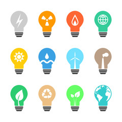 Energy related light bulb set with various icons and color. Eps10 vector illustration.