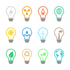Electricity and power related light bulb set with various icons and color. Eps10 vector illustration in line art.